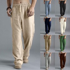 Mens Cotton Linen Wide Leg Harem Pants Summer Elastic Waist Baggy Beach Trousers
