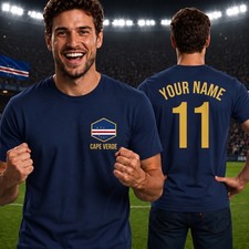 Cape Verde Flag Football Supporter Custom Name Number Soccer Fan TShirt