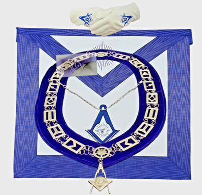 Masonic Regalia OFFICER SENIOR DEACON Apron, Silver Chain Collar & Gloves