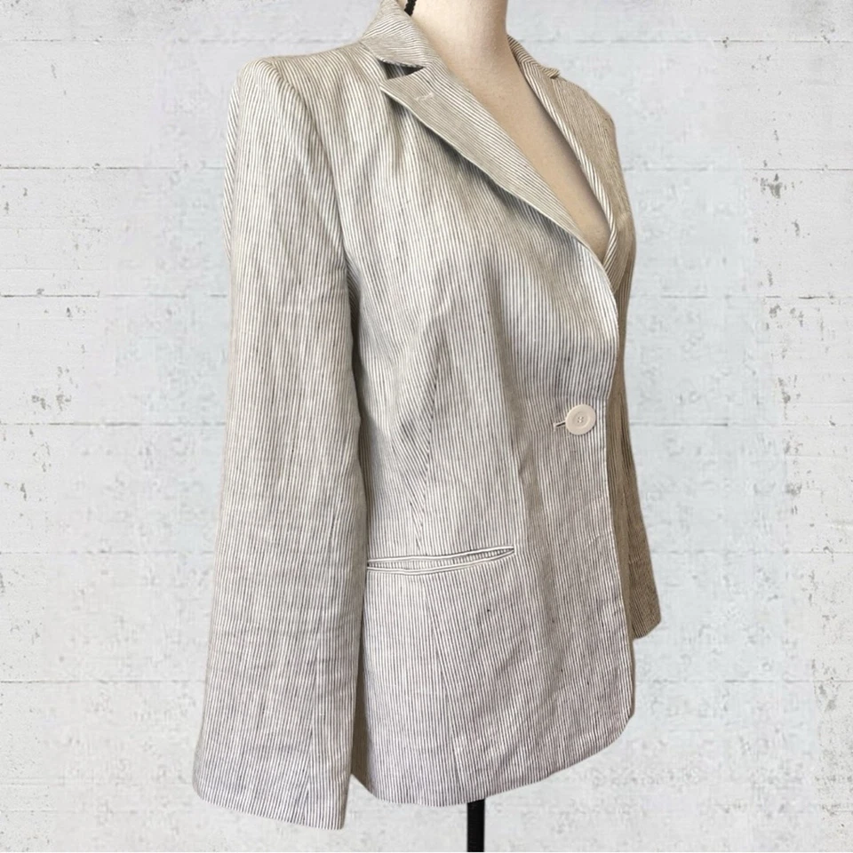 Max Studio 100% Linen Striped Blazer Off White Blue Size 12 Coastal Nautical - Image 4 of 4