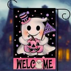 Halloween Large Pink Garden Flag 28” X 40” Welcome Ghosty Trick Or Treat Cute