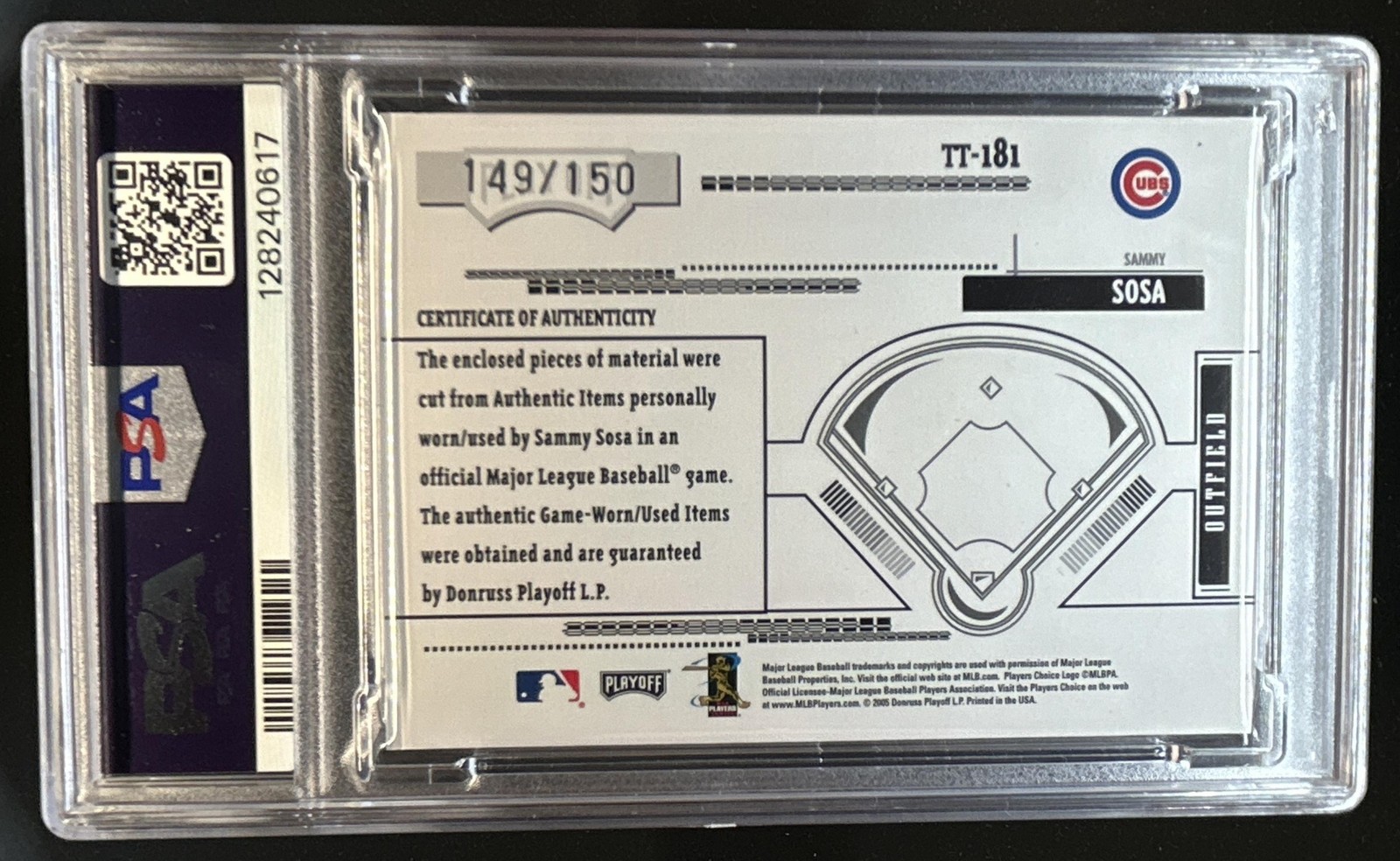 2005 Playoff Absolute Sammy Sosa Tools of the Trade Triple Patch #/150 PSA 8 view 2