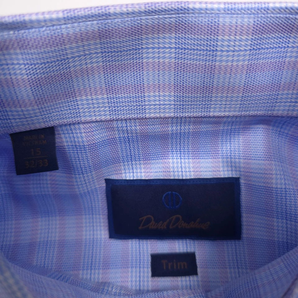David Donahue Trim Fit Poplin Blue Plaid Dress Shirt Mens Size 15 - 33/34 - Image 3 of 4