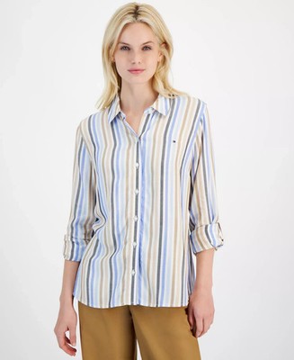 Tommy Hilfiger Stern Striped Roll-Tab Shirt Size 0X NWT $79 - Classic & Versatil