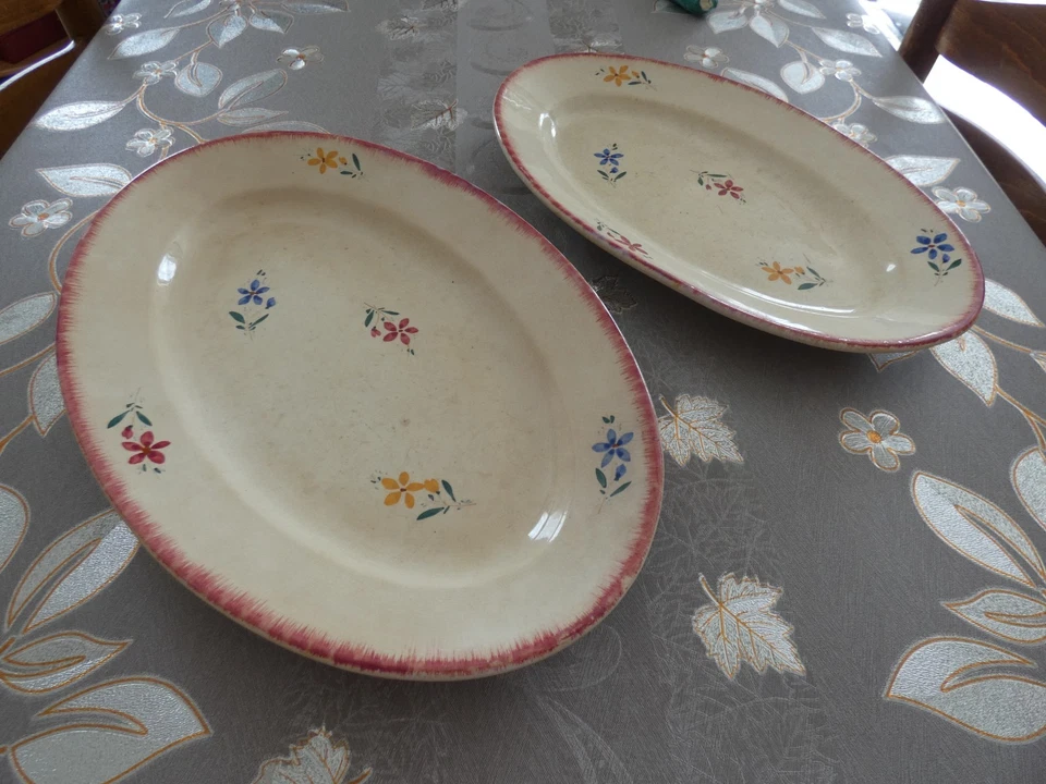 2 plats de service ovales ANCIENS CERAMIQUE EMAILLEE Décor floral GIVORS FRANCE - Photo 2/4