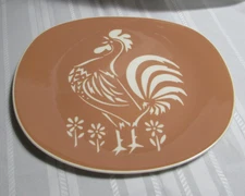 MCM Oval Harkerware Pottery USA Serving Platter ROOSTER Chicken Coral 11.5 x 9.5