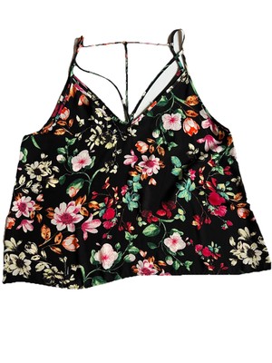 Lush Top Women's Small Floral Tank V Neck Black Strappy Back Oversized Summer
