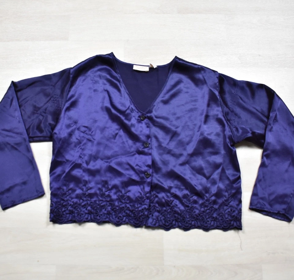 Conjunto de pijama anos 80 Victoria's Secret etiqueta dourada cetim roxo bordado grande vintage - Imagem 2 de 4