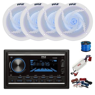 Pyle Double DIN Marine Receiver, BT Amp w/Kit, 4X 6.5'' LED Speaker,Wire