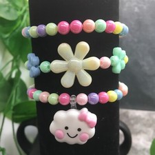 3 PC Girl's Pendant Multi-color Acrylic Beaded Stretch Bracelet Set New 9599