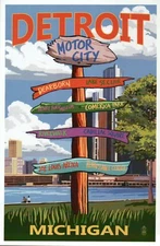 Detroit Michigan Destination Signpost, Renaissance Center MI etc Modern Postcard