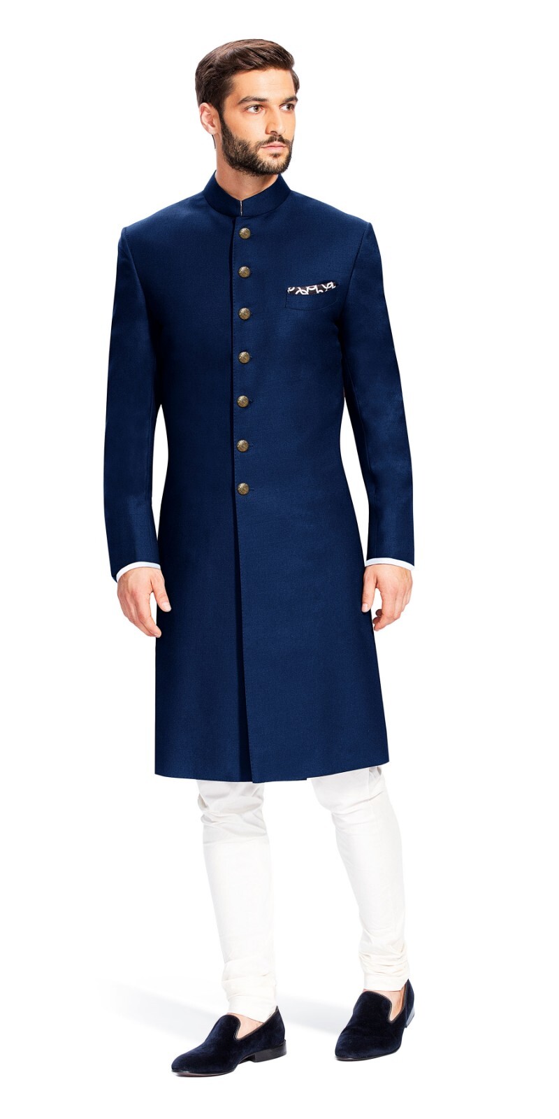 Traje de boda estilo paquistaní indio azul Sherwani para novio, abrigo largo ...