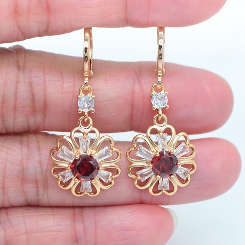 18K Yellow Gold Filled Women Purple Mystic Topaz Flower Lace Drop Earrings - Picture 2 of 8