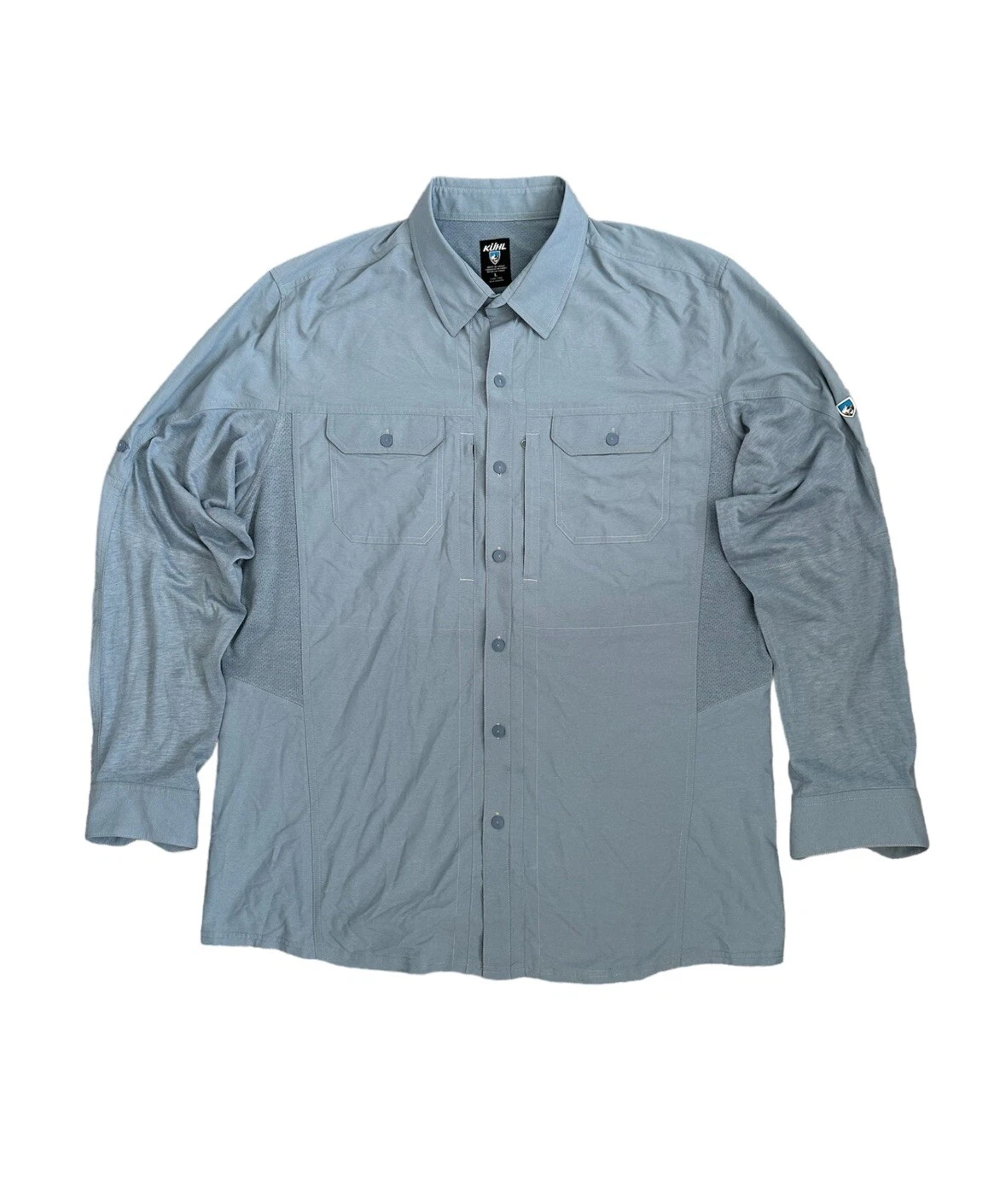 Kuhl Shirt Men’s Large Blue Vented Hiking Nylon Button Up Long Sleeve Roll Tab