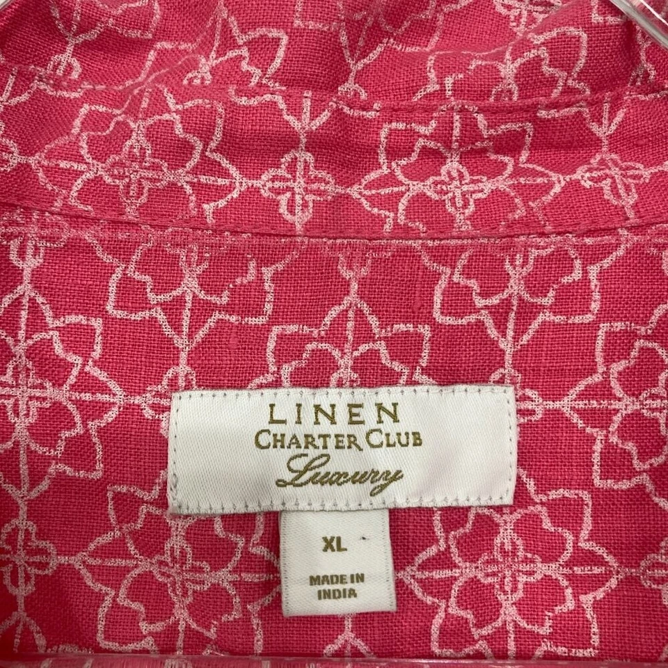 Charter Club talla XL rojo/rosa estampado geométrico 100 % lino abotonado Foto 2 de 4