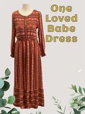 Boho Dress One Loved Babe Red Floral Maxi Scoop Neck Lined Long Sleeve