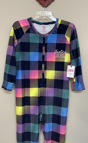 Justice Girls Sz 10 Plaid Colorful One-Piece Half-Button Sleep Romper NWT! A1194 - Picture 2 of 9