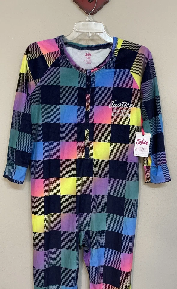 Justice Girls Sz 10 Plaid Colorful One-Piece Half-Button Sleep Romper NWT! A1194 - Image 2 of 4