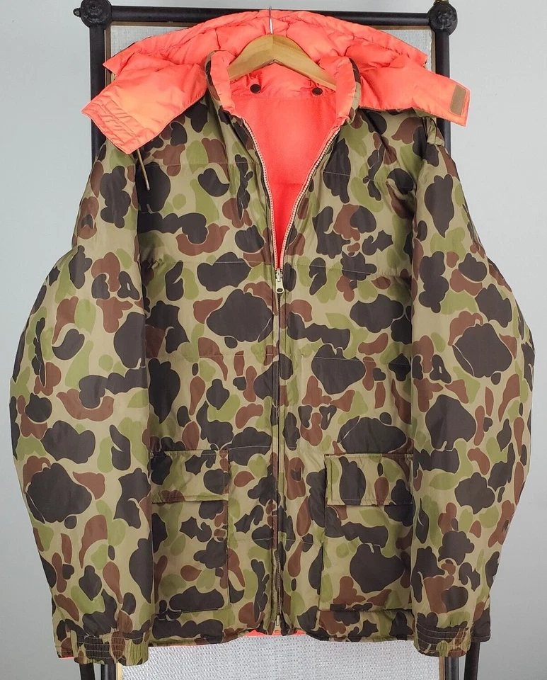 VTG CABELAS Size XL Tall XLT Mens Goose Down Reversible Camo Blaze Orange Jacket - Image 2 of 4