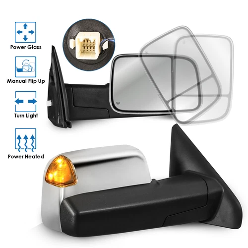 Chrome Power Heated Tow Mirrors w/ LED Turn Signal For 2002-2008 Dodge Ram 1500