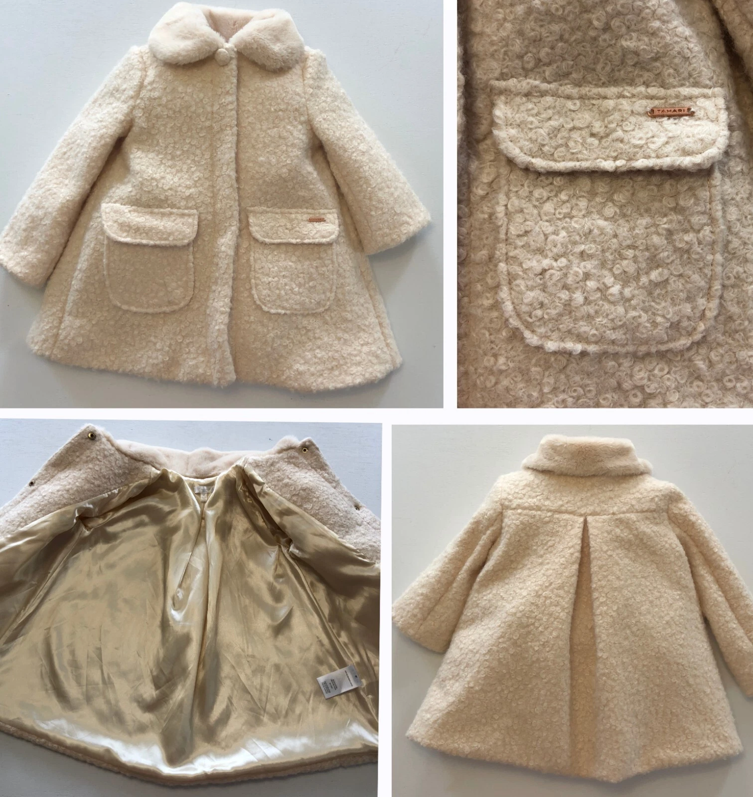 OFF WHITE Cappotto pelliccia boucle TAHARI bambina taglia 2T pelliccia avorio collo foderato tasche us intime ottimeioni