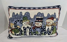 Vtg Joy Tapestry Pillow Snowman Christmas Winter Accent Pillow 17 x 10