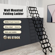 Wall Mounted Folding Ladder Black Loft Attic Stairs Pull down 12 Steps.