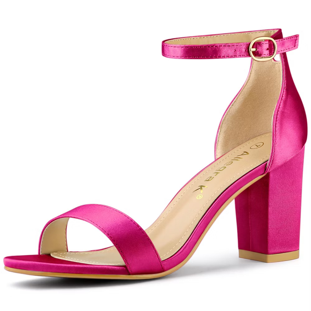 Allegra K Women's Satin Open Toe Ankle Strap Chunky Sandals 7 Fuchsia