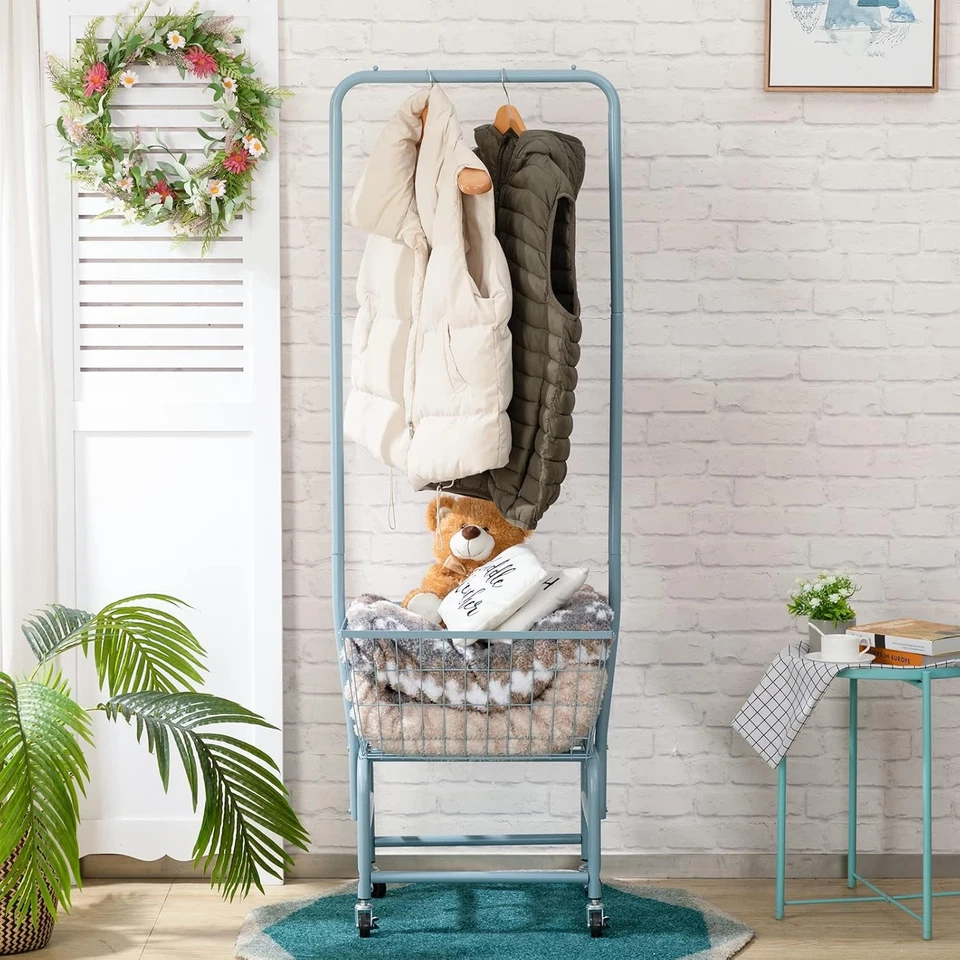 Laundry Cart with Clothes Rack, Rolling Laundry Butler with Wire Storage Rack - Image 2 of 4