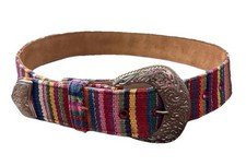 Multicolor Woven Leather Belt Size Small Colorful Striped Silver Buckle Read