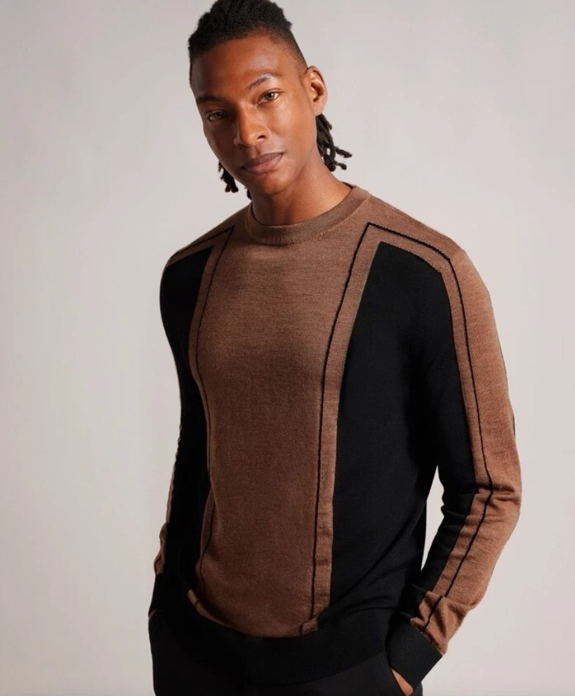 TED BAKER 100% Wool Crew Neck Jumper Sweater Suits SMALL Brown Black Smart