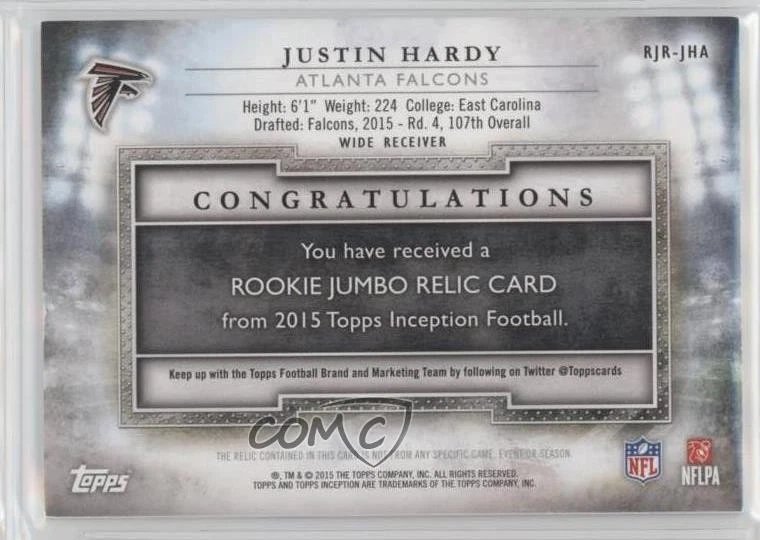 2015 Topps Inception Rookie Jumbo Relics Purple /75 Justin Hardy #RJR-JHA RC - Image 2 of 2