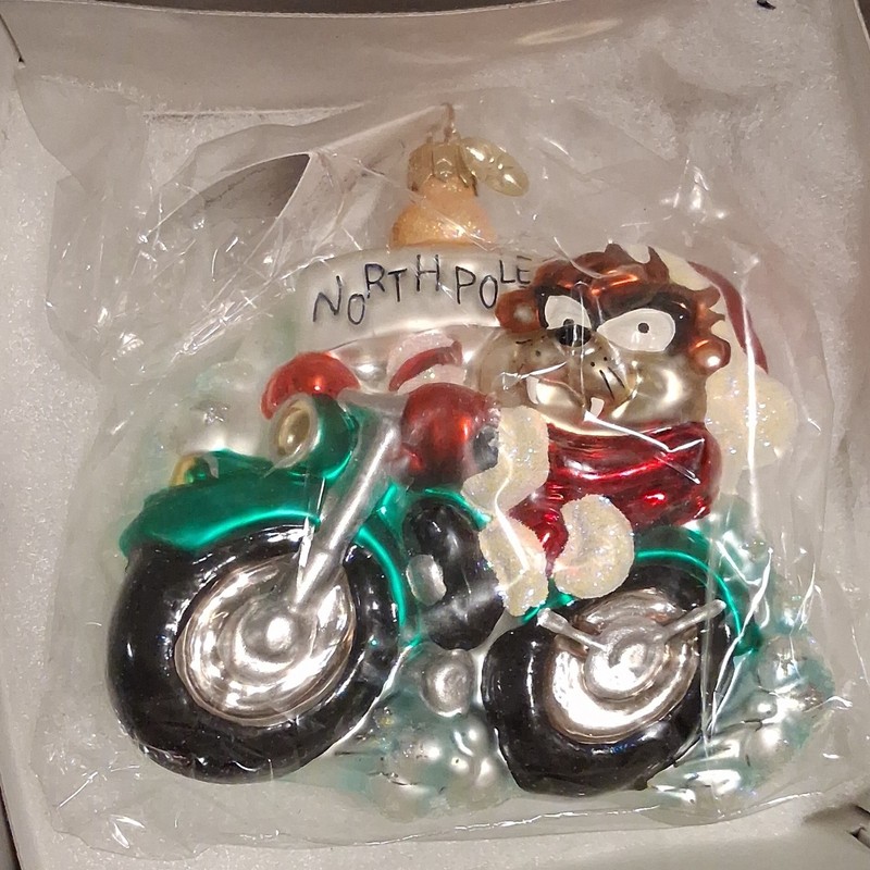 Warner Bros. Looney Tunes Taz Santa Motorcycle Glass Hanging Ornament 2000