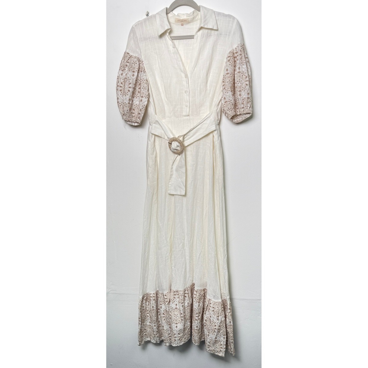 SOLITAIRE White Linen Blend Button Front Dress Embroidered Puff Sleeve  Belted