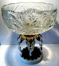 Vintage Crystal Brass Centerpiece Bowl Hollywood Regency Sawtooth Edge 11”