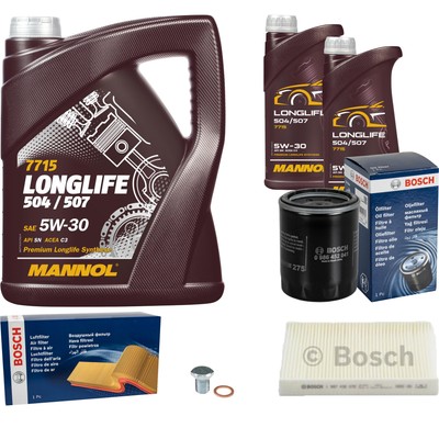 BOSCH Inspektionspaket 7 L MANNOL Longlife 504/507 5W-30 für Fiat Idea 1.4