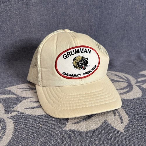 Vintage 90s Grumman Emergency Products Panthers Patch Hat Beige Snapback Mesh