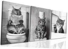 Framed Funny Cat Bathroom Wall Art Set of 3, Cute 16L" x 12W" Black and White
