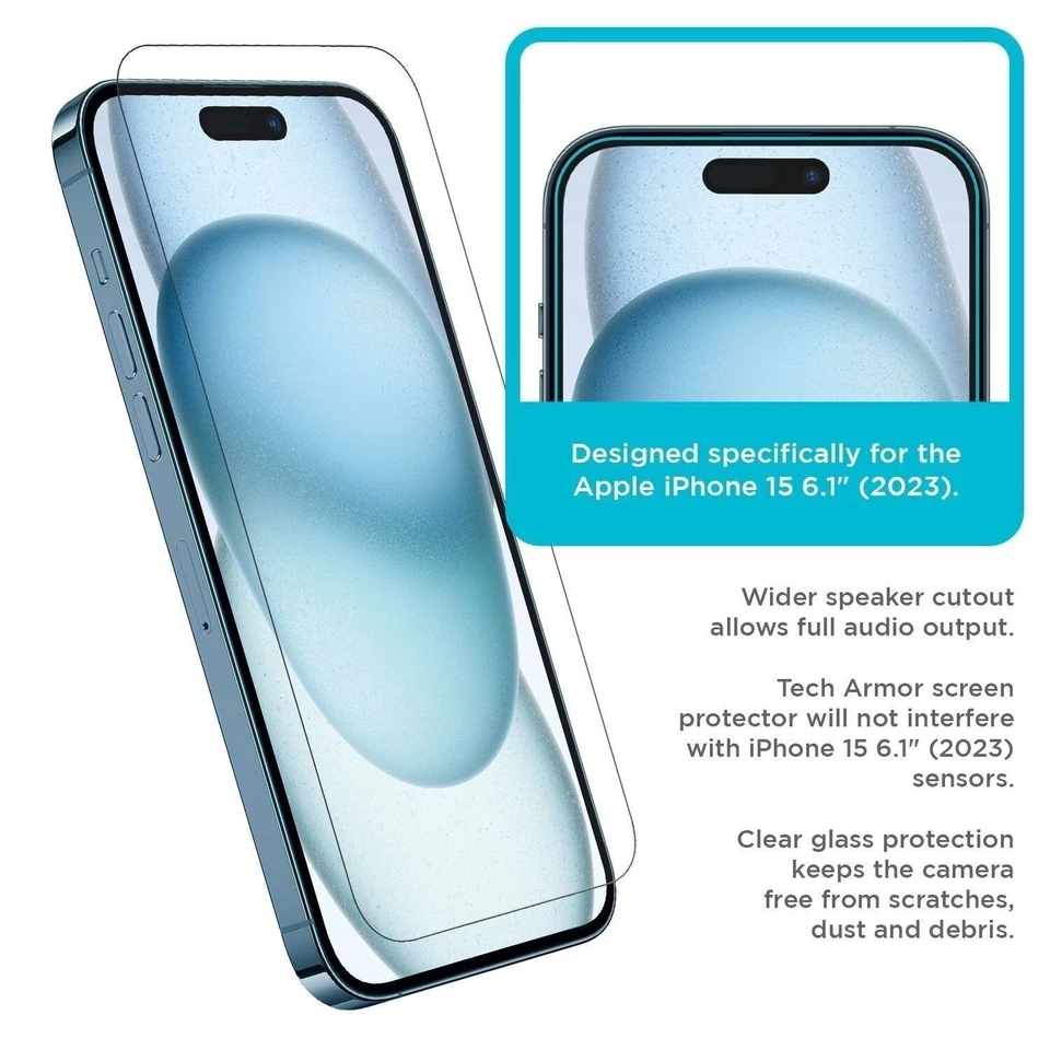 Tech Armor Screen Protector for iPhone 15 6.1 inch - 3 Pack + Bonus Camera Lens - Image 4 of 4