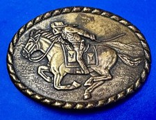 Vintage 1981 Pony Express Rider Mervyn's Commemorative Brass Tone Belt Buckle