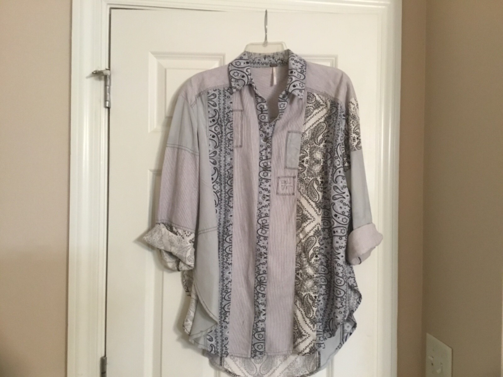 Free People Casual button up patchwork shirt, blu… - image 7