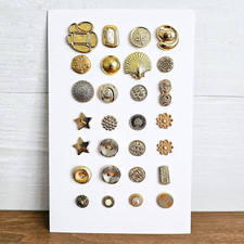 28 Vtg Gold Tone Plastic Button Collector Display Card Geometric, Faux Pearl
