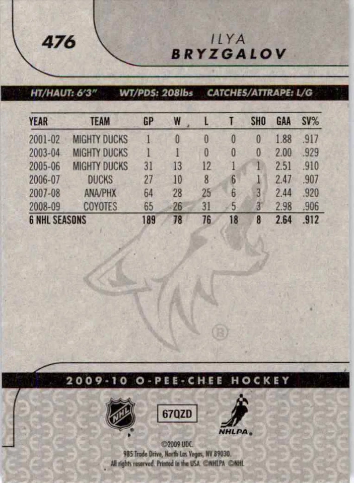 2009-10 O-Pee-Chee Ilya Bryzgalov #476 - Image 2 of 2