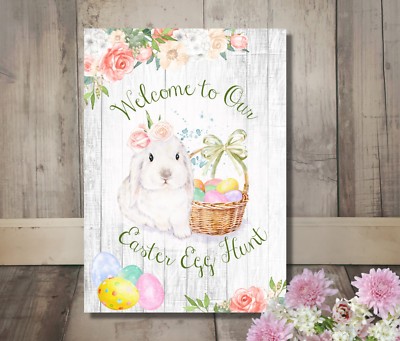 Wandbild Kunstdruck Schild Ostern weißer Hase ''Willkommen zu unserer Eiersuche'' A3 