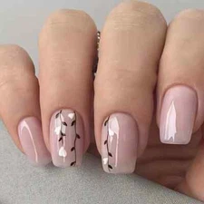 24pcs Glossy Nude Pink Press On Nails with Heart Branch Design - Short Square