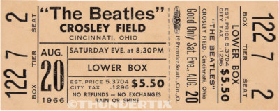 1 BEATLES UNUSED FULL CONCERT TICKET 1966 Cincinnati Ohio