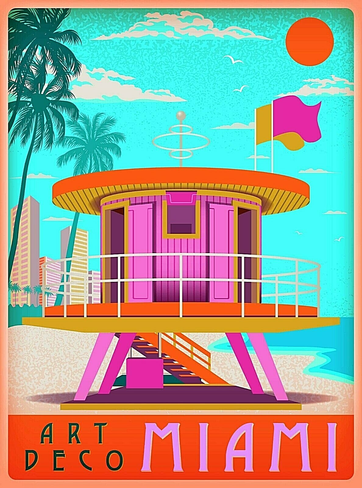 Art Deco Miami Beach Florida Sunny Day Retro Travel Wall Decor Art