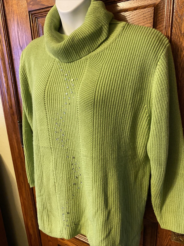 Abito Womens Bright Lime Green Soft Sweater with Rhinestone Sparkles, Plus Sz 3X - Image 2 of 4