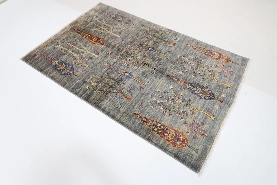 4x6 Tree of life Gray Area Rug Wool Natural Color Afghan Hand Knotted office Rug - Image 2 of 4