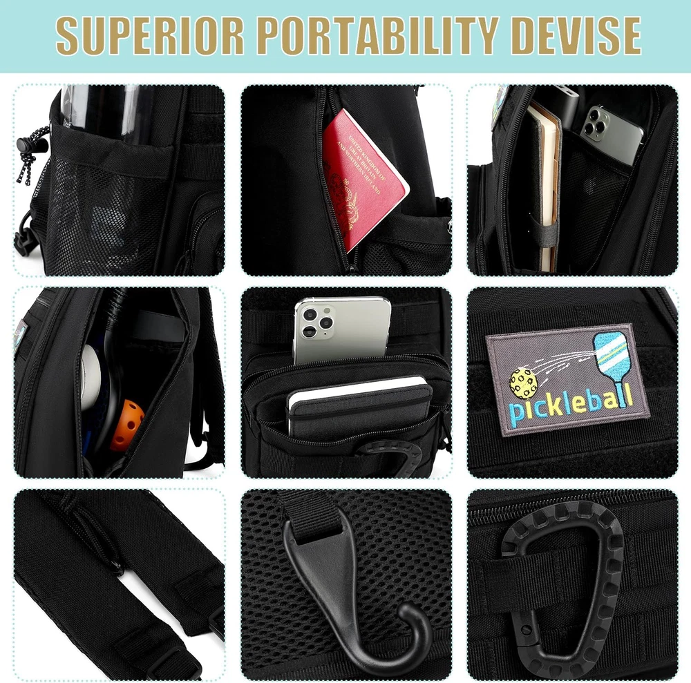 Pickleball Bag, Tactical Pickleball Backpack for Women Men, Adjustable Sling Bag